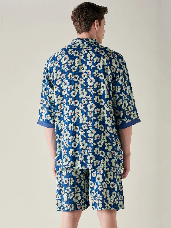 Mens Modal Supersoft Blue Floral Print Shorts Set