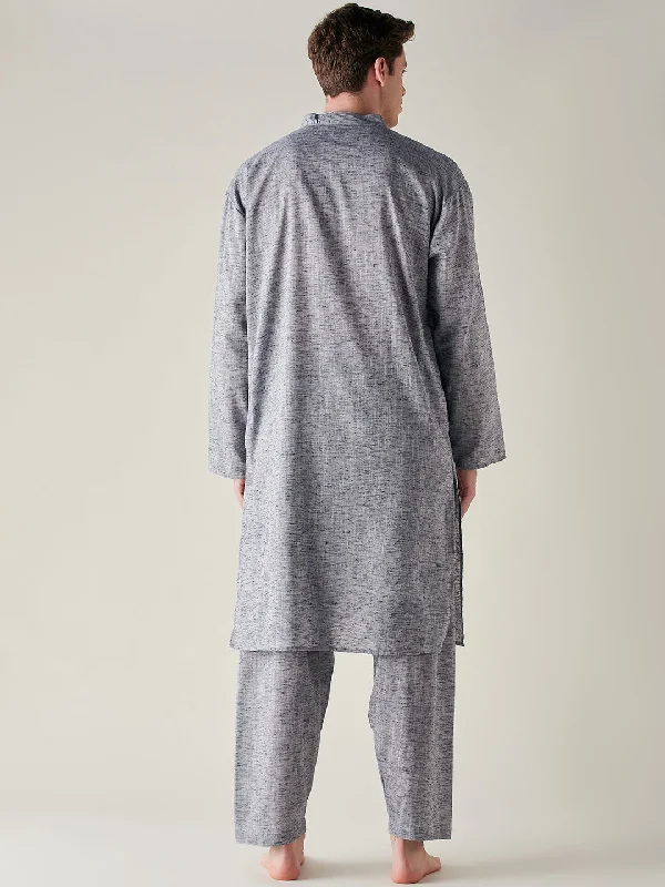 Mens Grey Slub Cotton Pathani Kurta and Pyjama Set