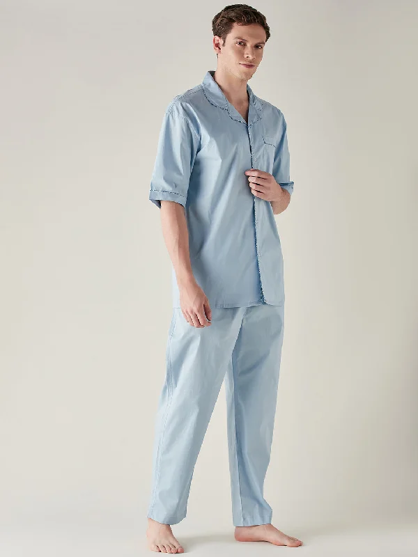 Mens Light Blue Pure Cotton Pyjama Set
